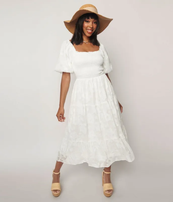 White Burnout Floral Smocked Midi Dress sold by Unique Vintage