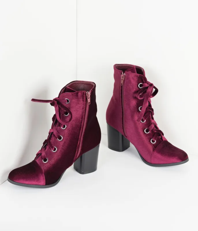 Bordeaux Purple Velvet Lace Up Bootie sold by Unique Vintage