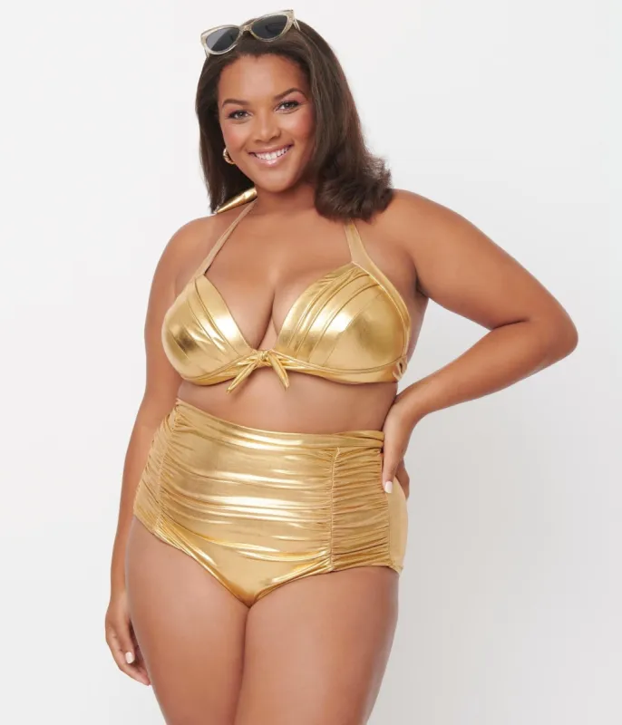 Unique Vintage Plus Size Gold Monroe Halter Swim Top made by Unique Vintage