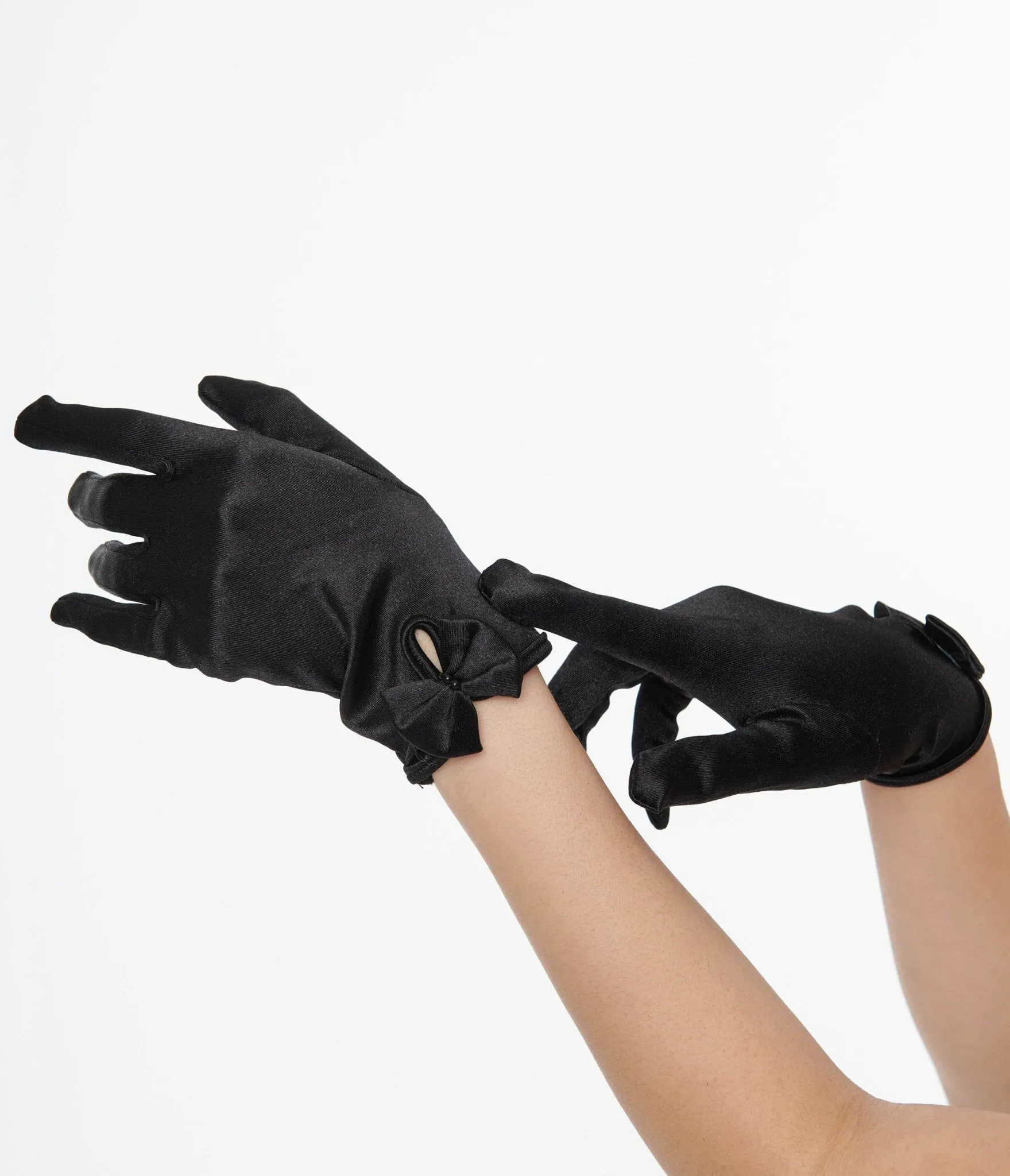 Unique Vintage 1950s Black Satin Bow Gloves sold by Unique Vintage product image thumbnail 2