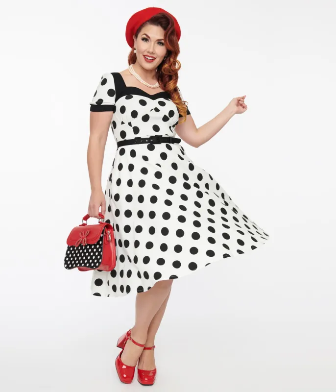 Unique Vintage 1950s White & Black Polka Dot Swing Dress sold by Unique Vintage