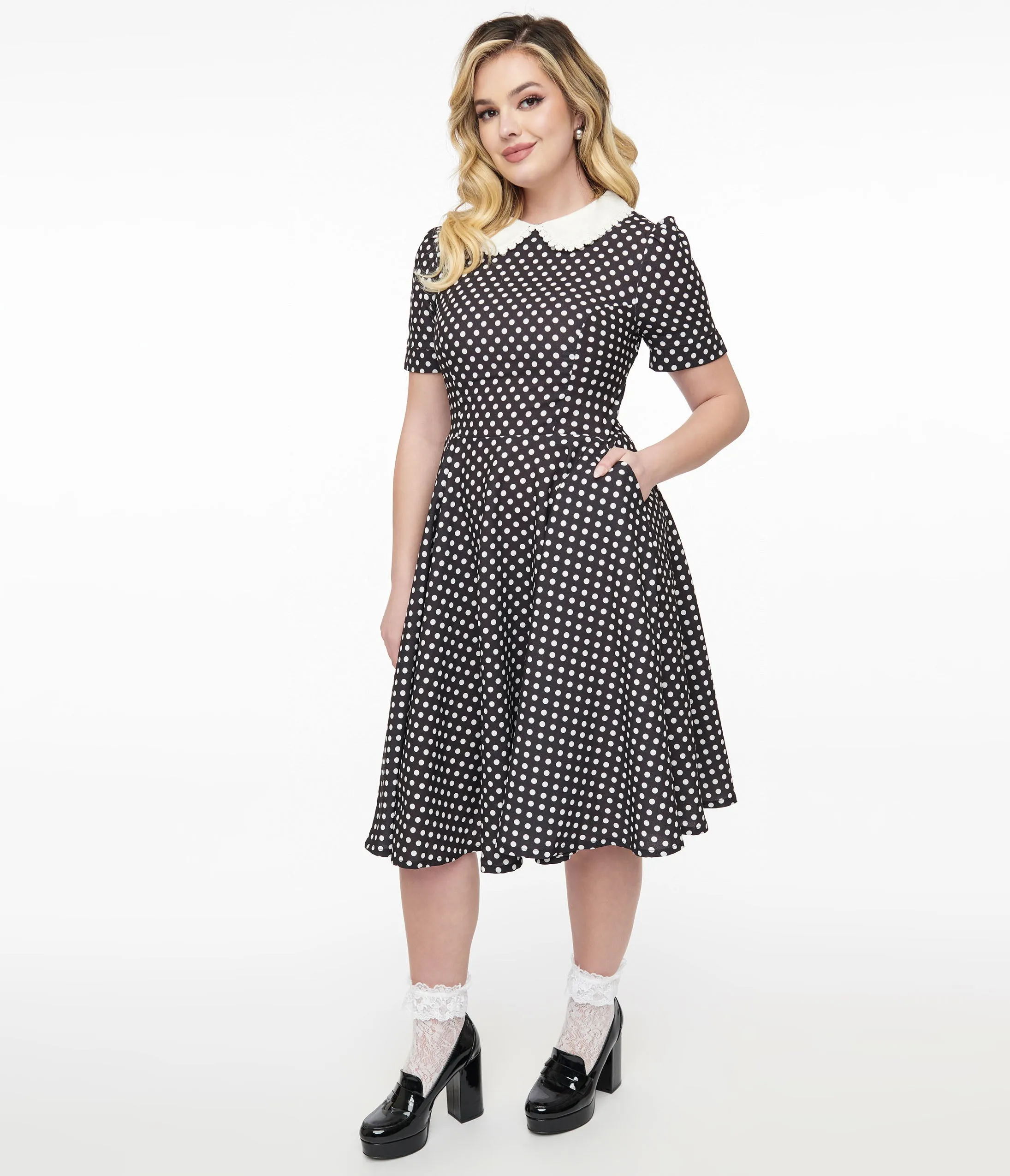 1950s Black & White Polka Dot Brielle Swing Dress sold by Unique Vintage product image thumbnail 3