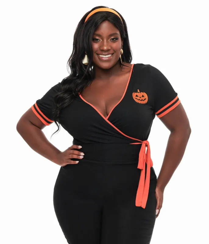 Unique Vintage Plus Size 1970s Black & Orange Pumpkin Surplice Bodysuit sold by Unique Vintage