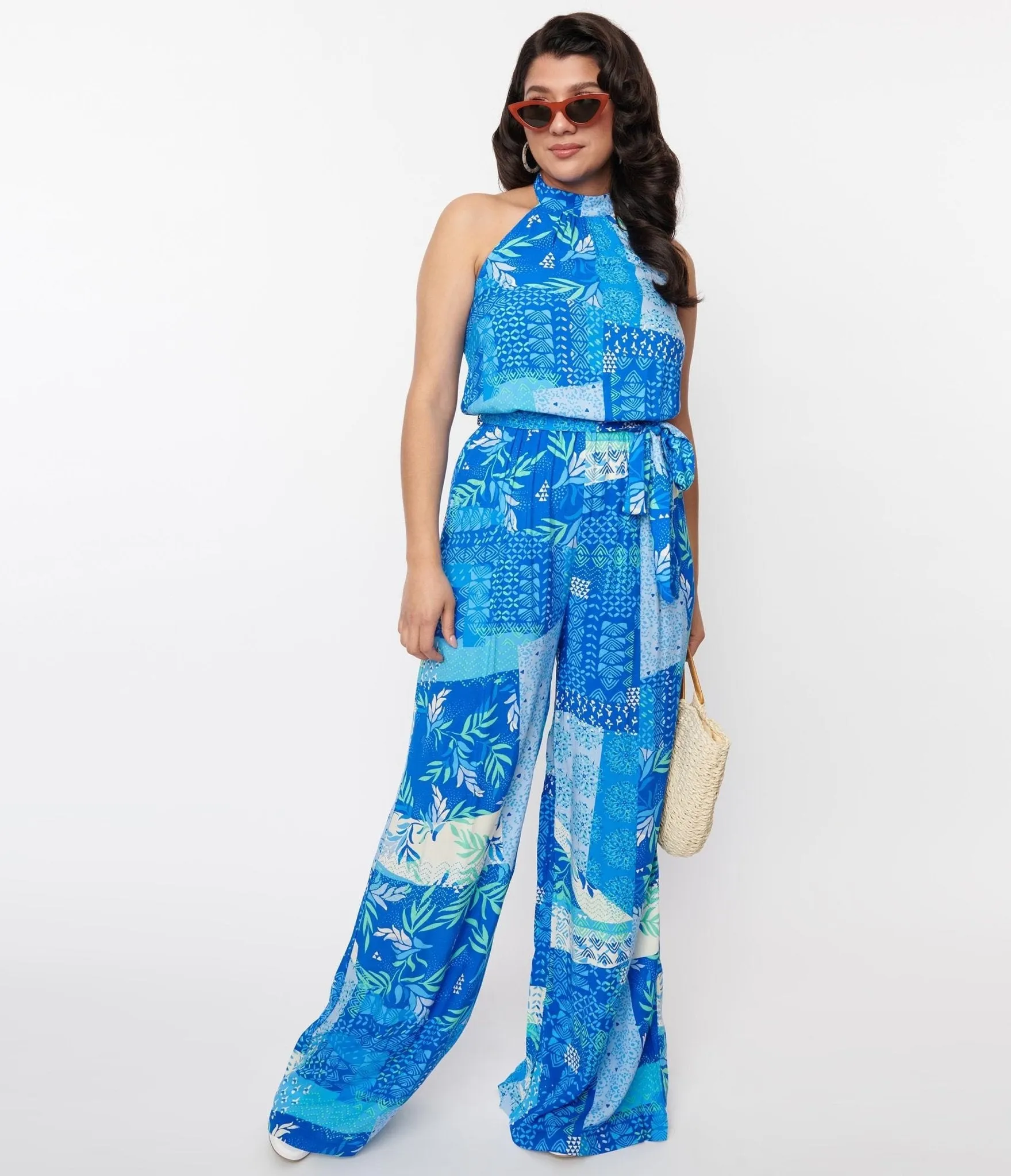 1970s Blue Tropical Patchwork Halter Jumpsuit sold by Unique Vintage product image thumbnail 4