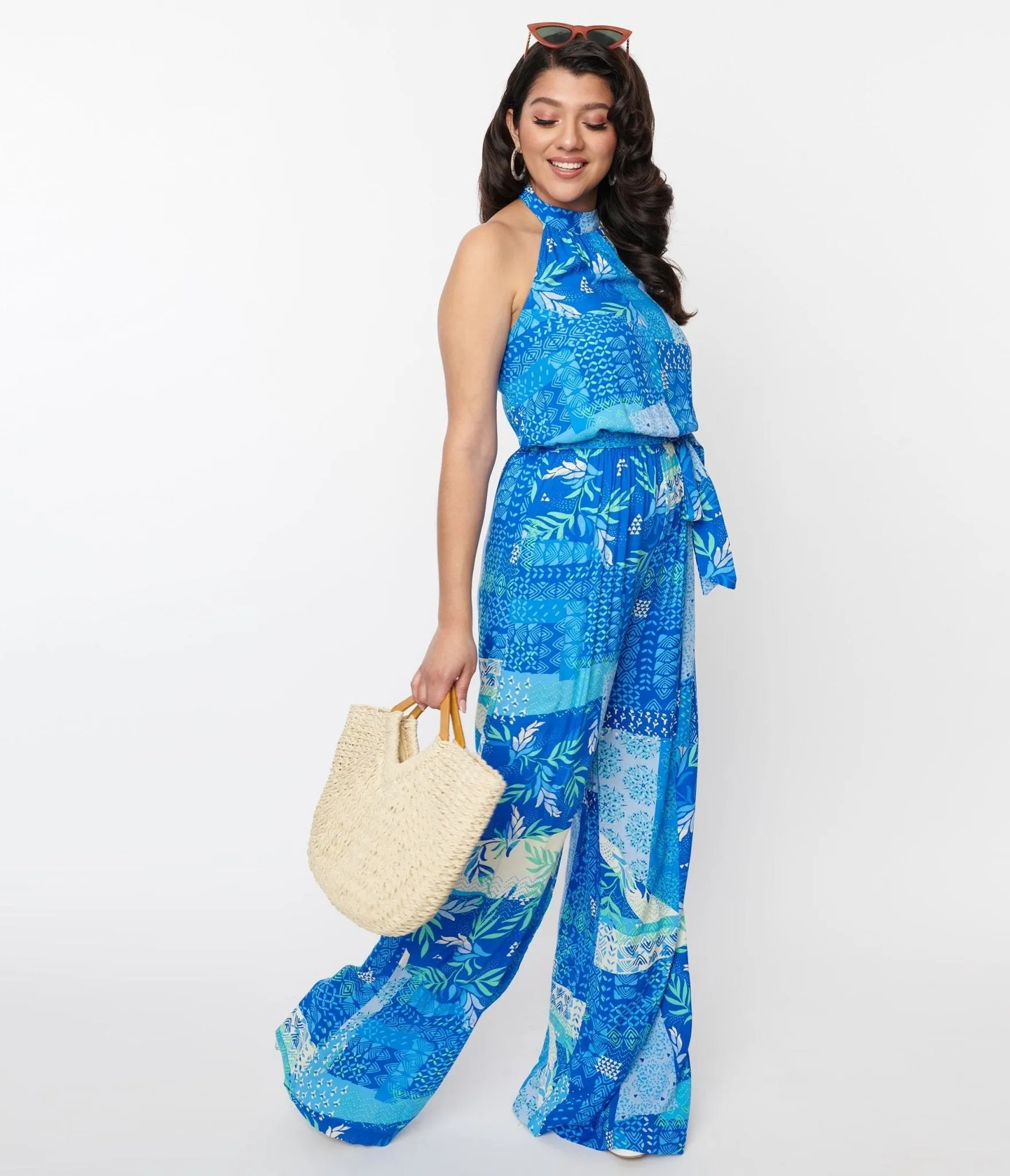 1970s Blue Tropical Patchwork Halter Jumpsuit sold by Unique Vintage product image thumbnail 5