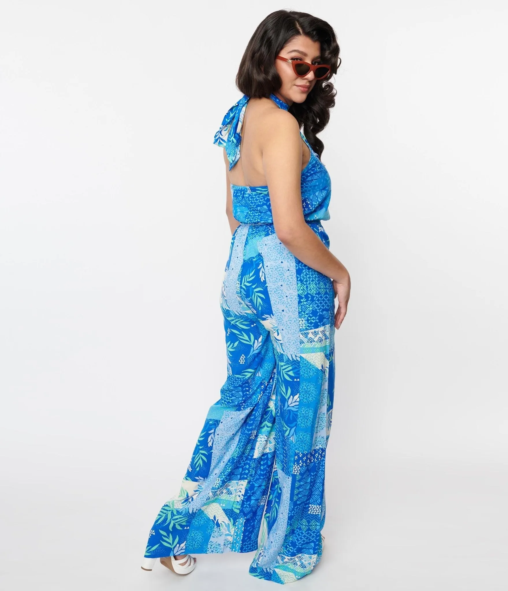 1970s Blue Tropical Patchwork Halter Jumpsuit sold by Unique Vintage product image thumbnail 3
