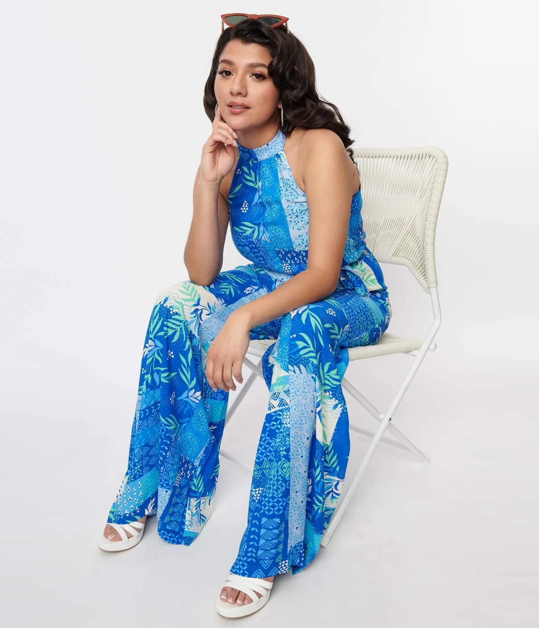 1970s Blue Tropical Patchwork Halter Jumpsuit sold by Unique Vintage