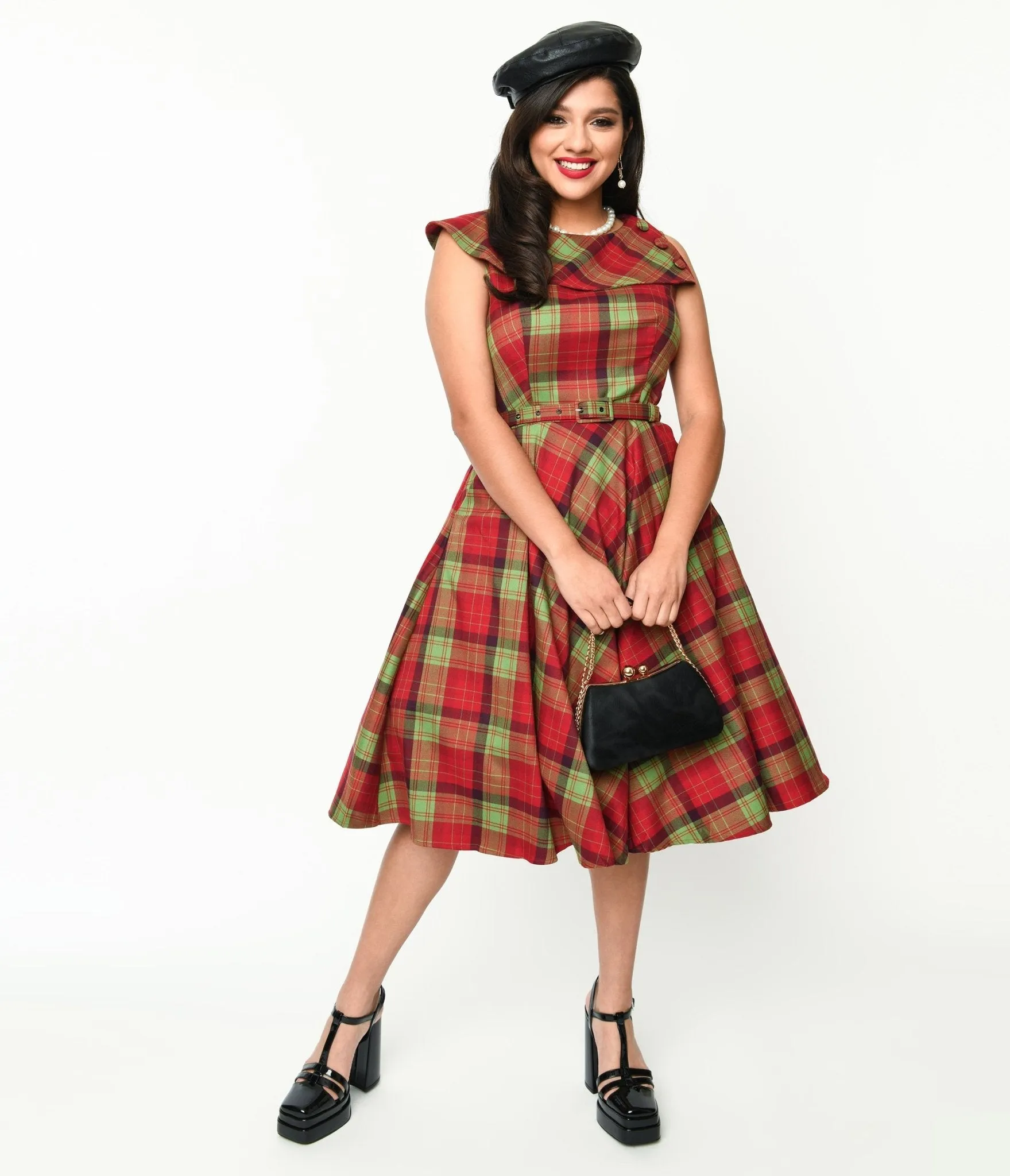Voodoo Vixen Red & Green Plaid Belted Swing Dress sold by Unique Vintage