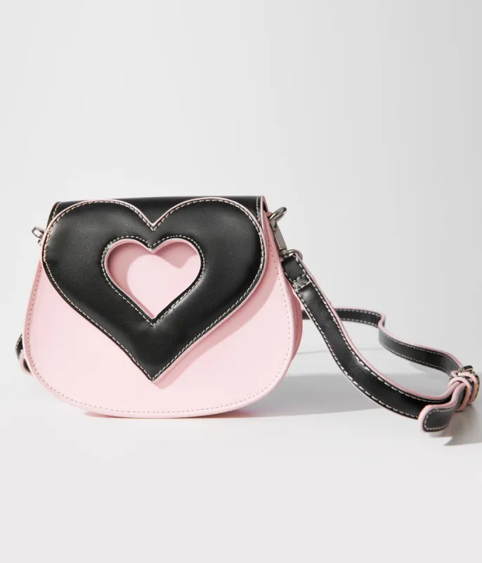 Light Pink & Black Heart Shaped Leatherette Crossbody Bag sold by Unique Vintage