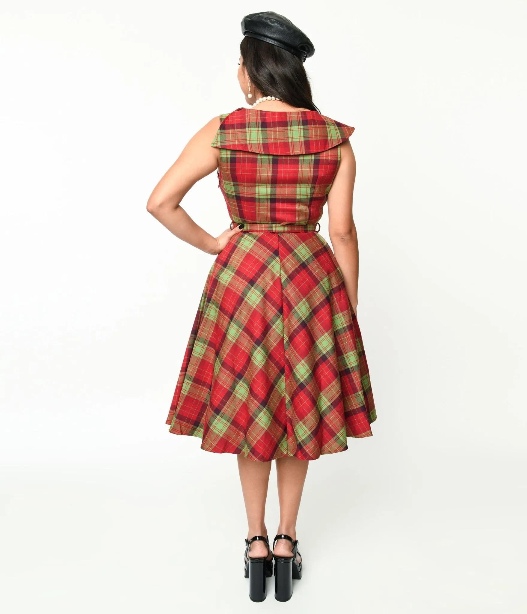 Voodoo Vixen Red & Green Plaid Belted Swing Dress sold by Unique Vintage product image thumbnail 3