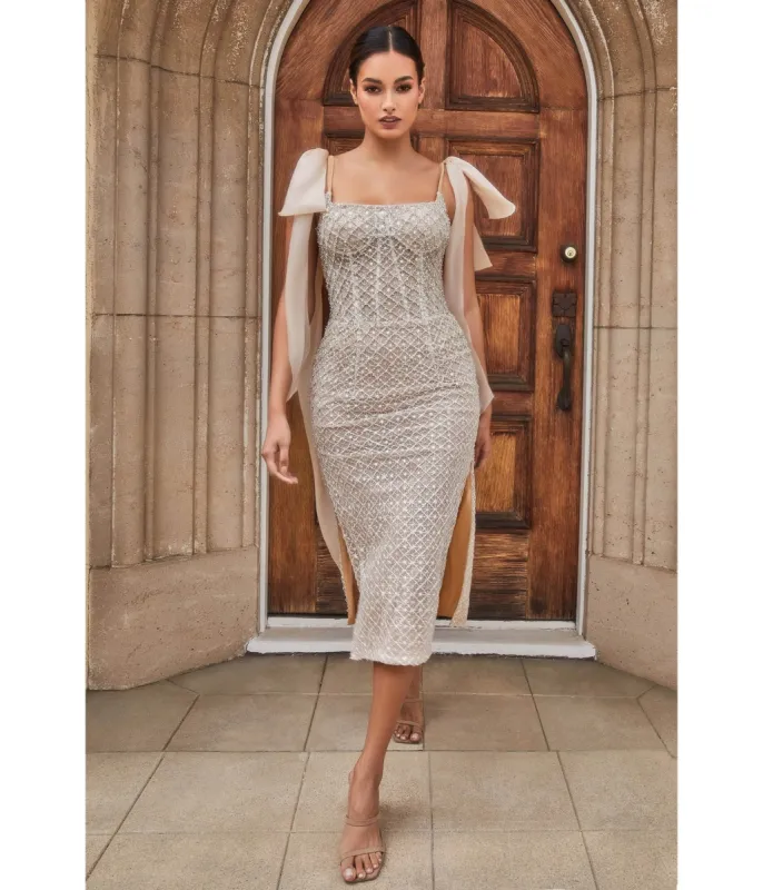 Cinderella Divine Champagne Beaded Illusion Corset Midi Dress sold by Unique Vintage