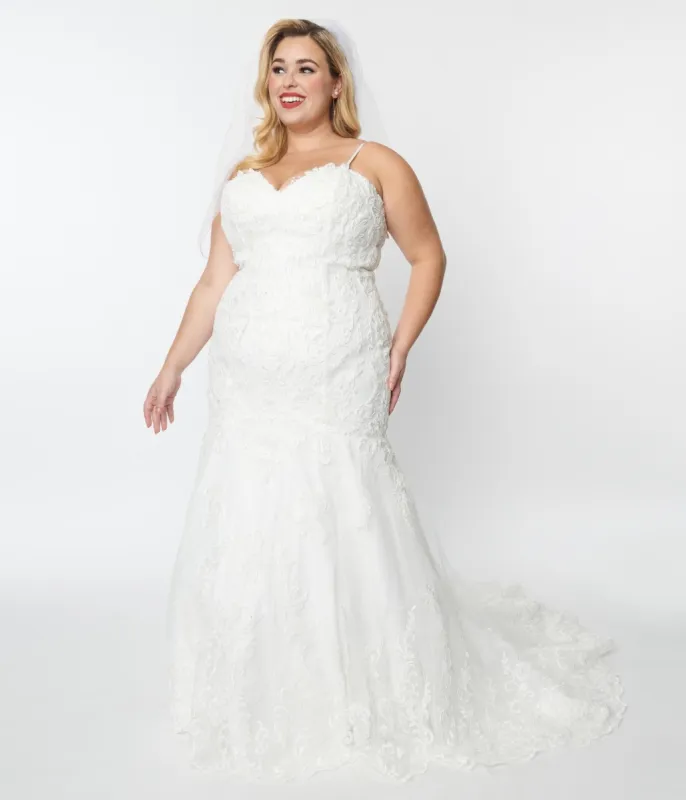 Vintage Style Plus Size Ivory Floral Embroidered Mermaid Bridal Dress sold by Unique Vintage
