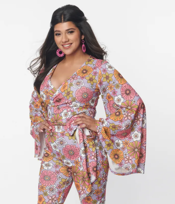 Smak Parlour 1970s Lavender Retro Bloom Bell Sleeve Wrap Top sold by Unique Vintage