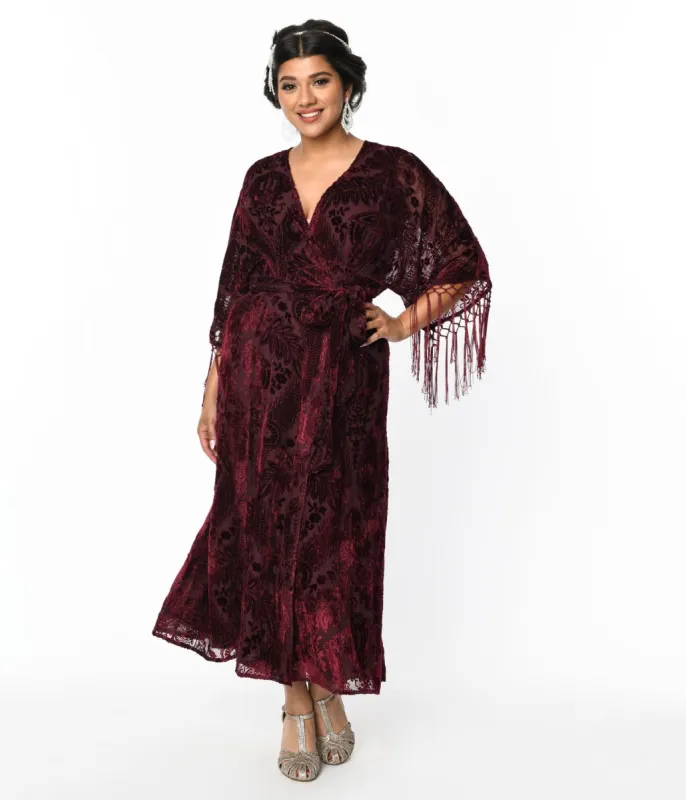 Unique Vintage 1920s Burgundy Velvet Floral Burnout Wrap Midi Dress sold by Unique Vintage