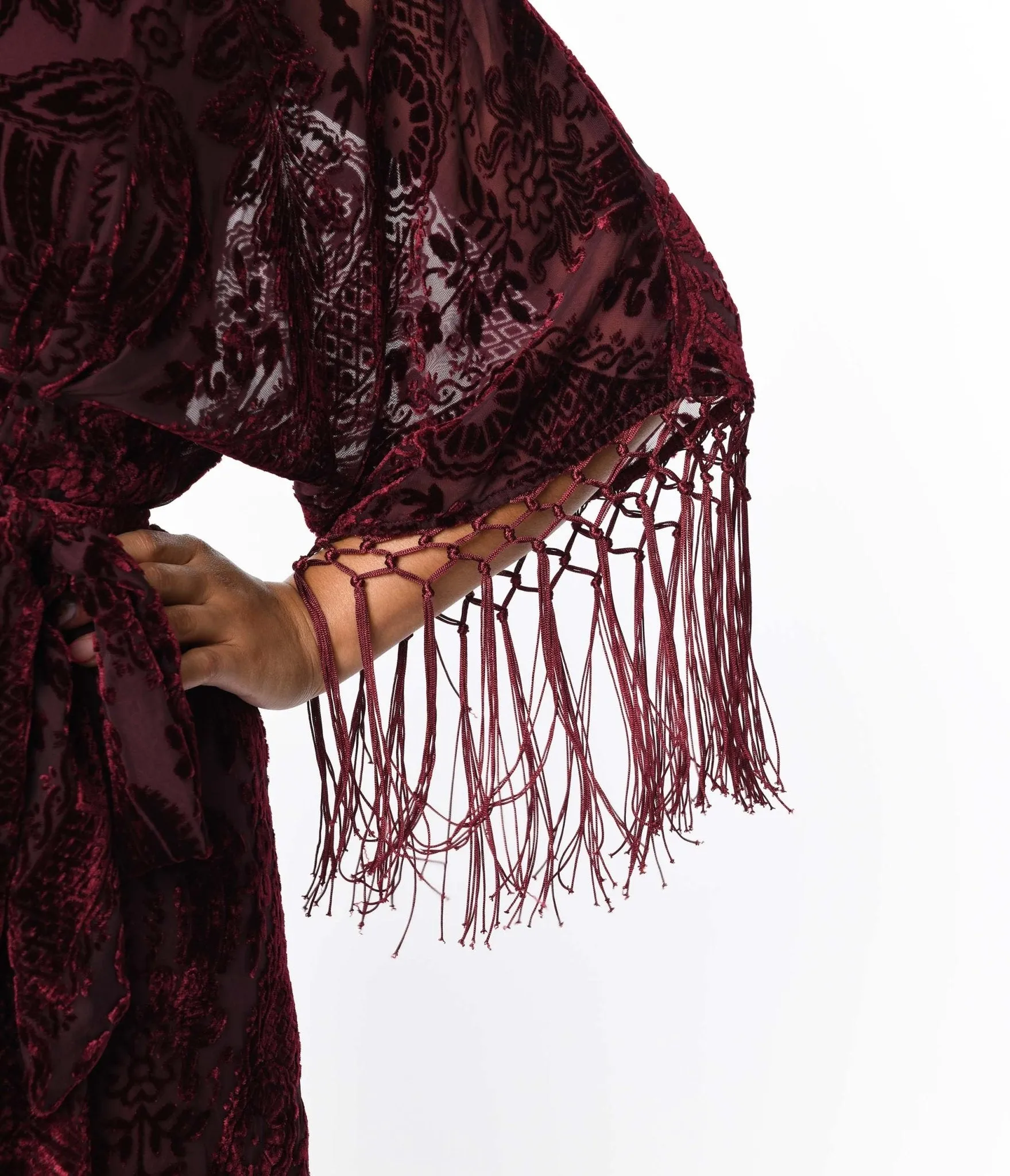 Unique Vintage 1920s Burgundy Velvet Floral Burnout Wrap Midi Dress sold by Unique Vintage product image thumbnail 2