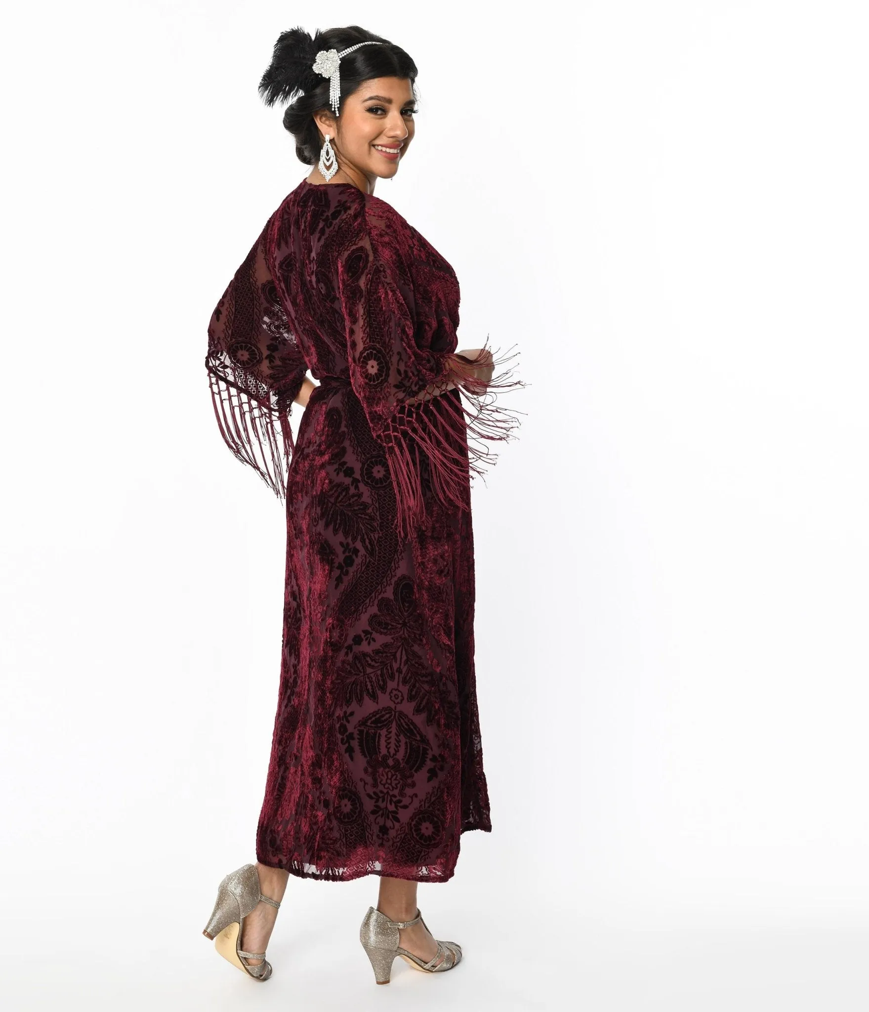 Unique Vintage 1920s Burgundy Velvet Floral Burnout Wrap Midi Dress sold by Unique Vintage product image thumbnail 3