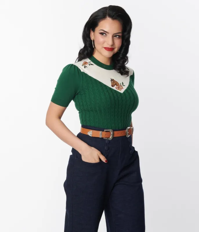 Unique Vintage Green & Ivory Western Floral Embroidered Park City Sweater sold by Unique Vintage