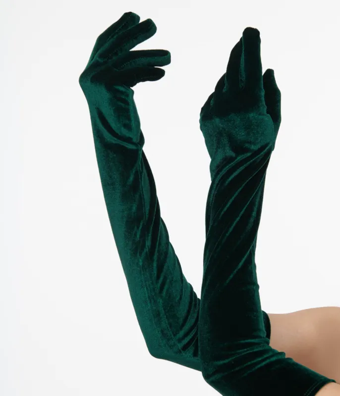 Unique Vintage 1950s Green Velvet Elbow Length Gloves sold by Unique Vintage