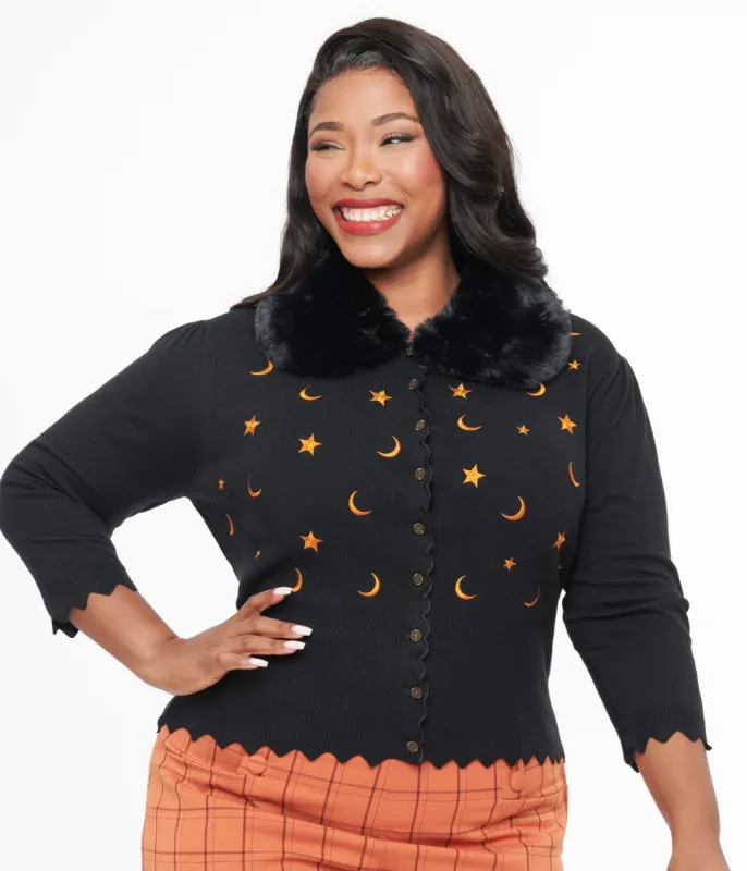 Plus Size 1950s Black & Orange Half Moon Cardigan sold by Unique Vintage