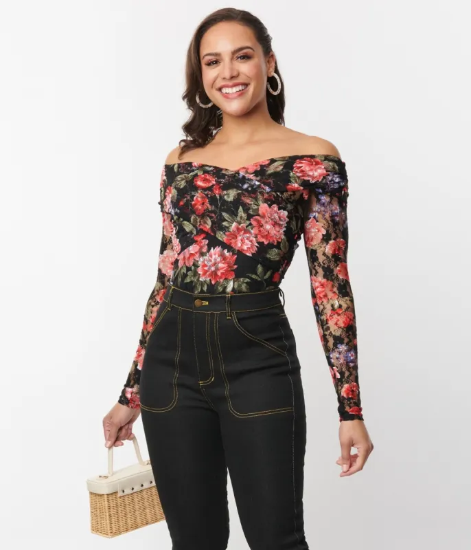 Unique Vintage 1940s Black Floral Lace Saturday Night Bodysuit sold by Unique Vintage