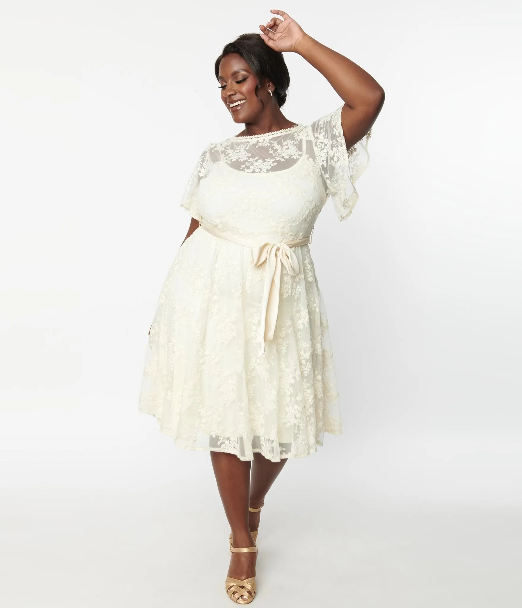 Unique Vintage Plus Size 1930s Ivory Floral Lace Bridal Swing Dress sold by Unique Vintage product image thumbnail 4