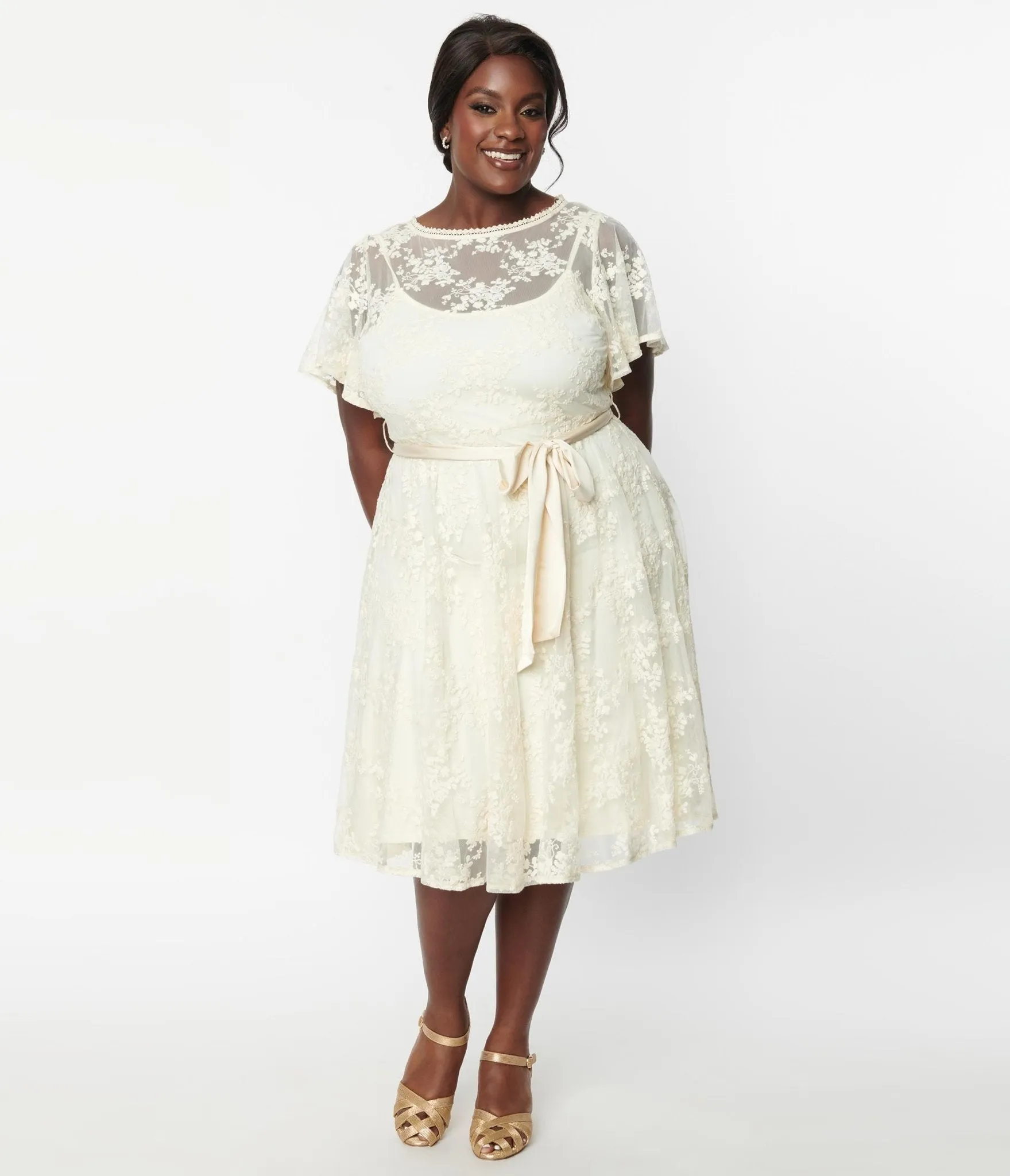 Unique Vintage Plus Size 1930s Ivory Floral Lace Bridal Swing Dress sold by Unique Vintage