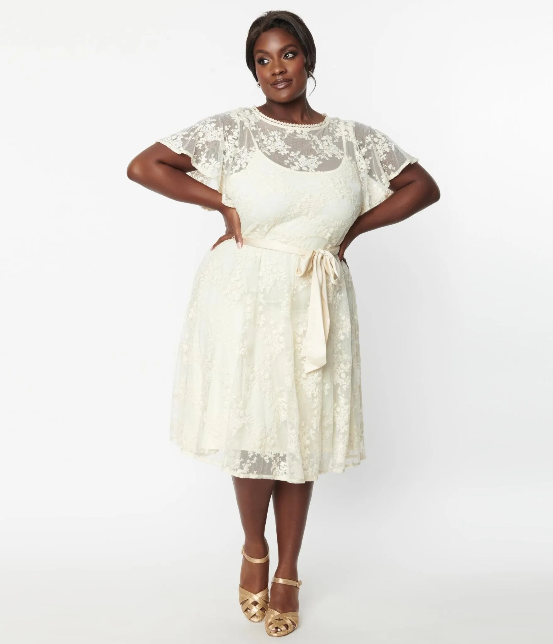Unique Vintage Plus Size 1930s Ivory Floral Lace Bridal Swing Dress sold by Unique Vintage product image thumbnail 5