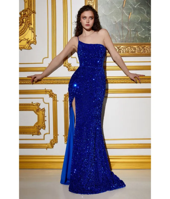 Cinderella Divine  Royal Blue One Shoulder Velvet Sequin Bridesmaid Gown sold by Unique Vintage