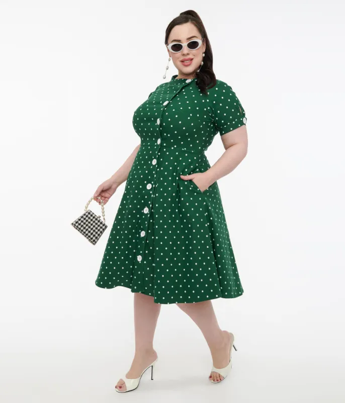 Unique Vintage Plus Size 1950s Green & White Pin Dot Contrast Button Swing Dress sold by Unique Vintage