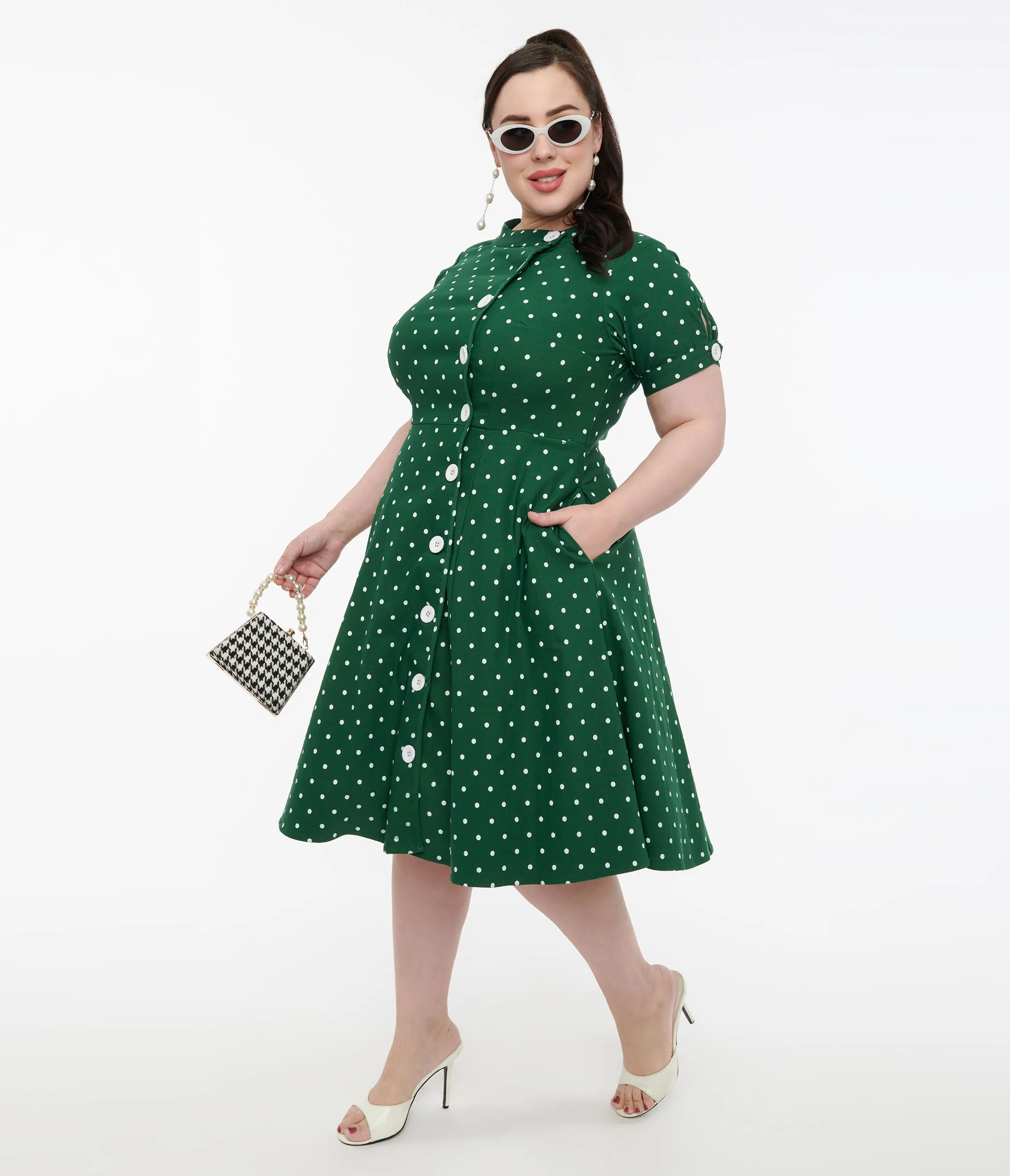 Unique Vintage Plus Size 1950s Green & White Pin Dot Contrast Button Swing  Dress | Parallel