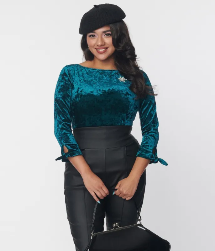 Unique Vintage Emerald Green Crushed Velvet Gracie Top sold by Unique Vintage