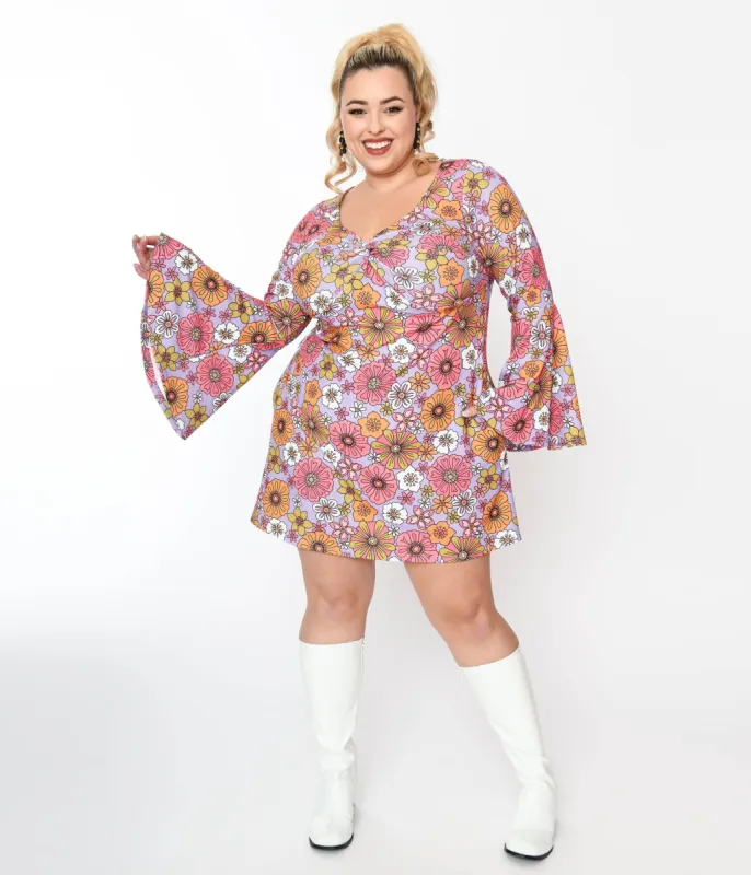 Smak Parlour Plus Size Lavender Retro Blooms Mini Dress sold by Unique Vintage
