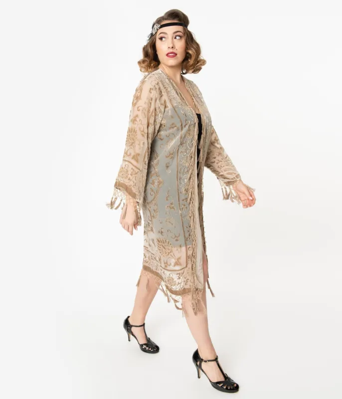 1920s Champagne Medallion Devore Velvet Beaded Flapper Coat sold by Unique Vintage
