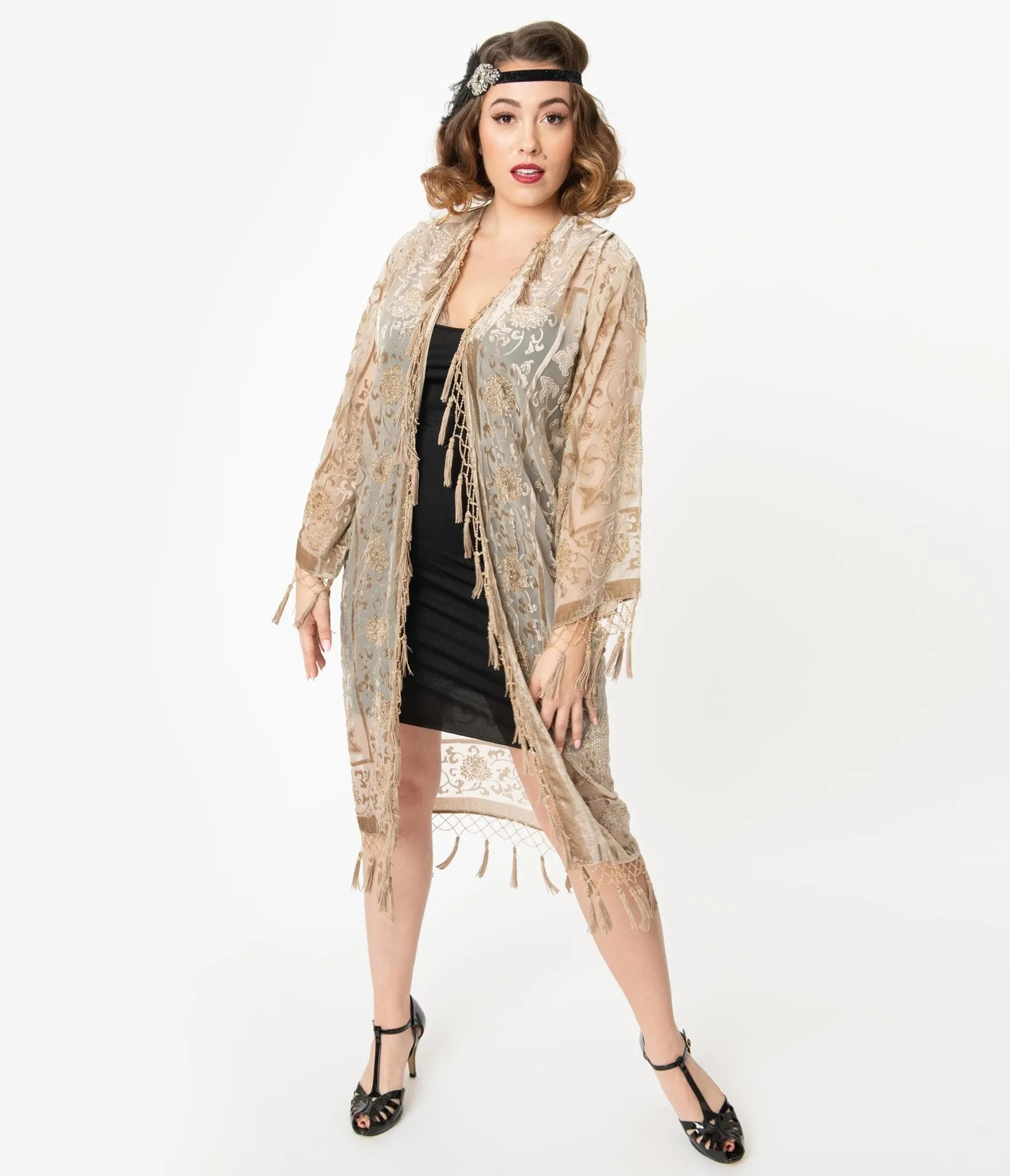 1920s Champagne Medallion Devore Velvet Beaded Flapper Coat sold by Unique Vintage product image thumbnail 4