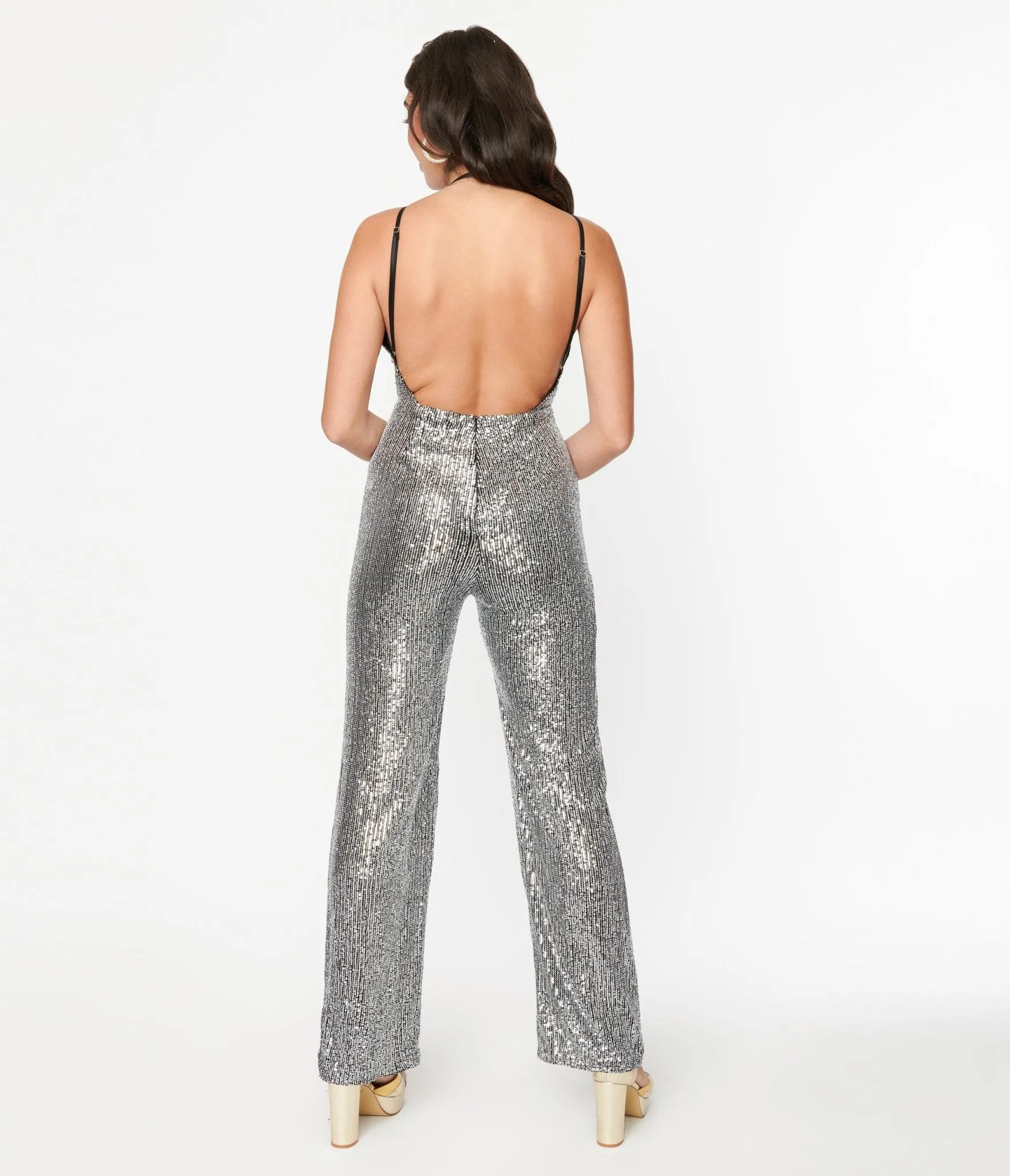 1970s Silver Sequin Halter Jumpsuit sold by Unique Vintage product image thumbnail 3