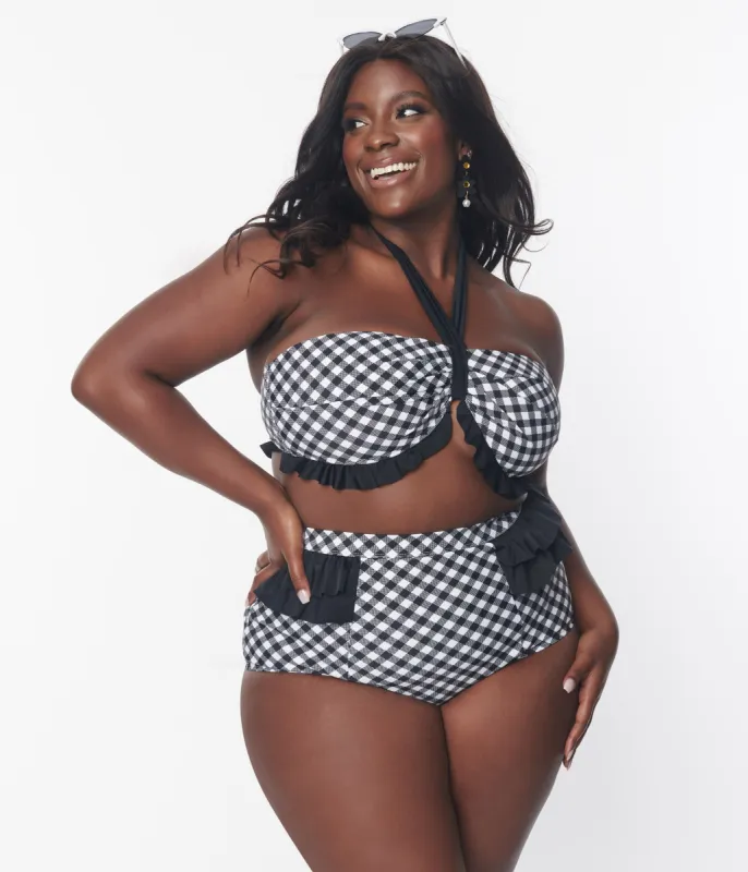 Unique Vintage Plus Size Black & White Bias Gingham Twist Front Halter Swim Top sold by Unique Vintage