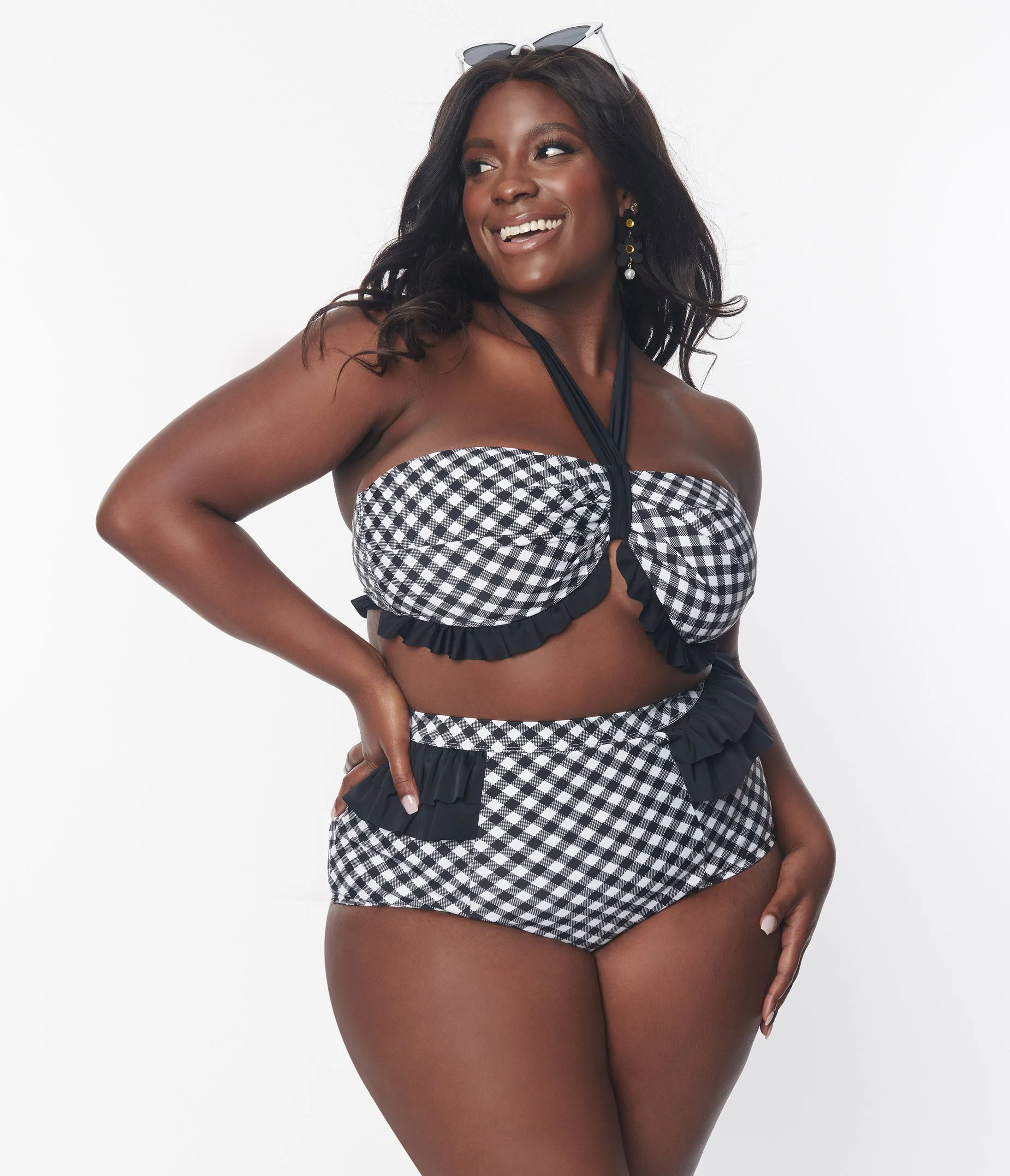 Unique Vintage Plus Size Black & White Bias Gingham Twist Front Halter Swim Top sold by Unique Vintage