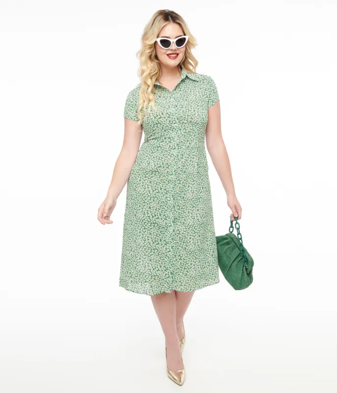 Green & White Ditsy Floral Print Button Up Midi Dress sold by Unique Vintage