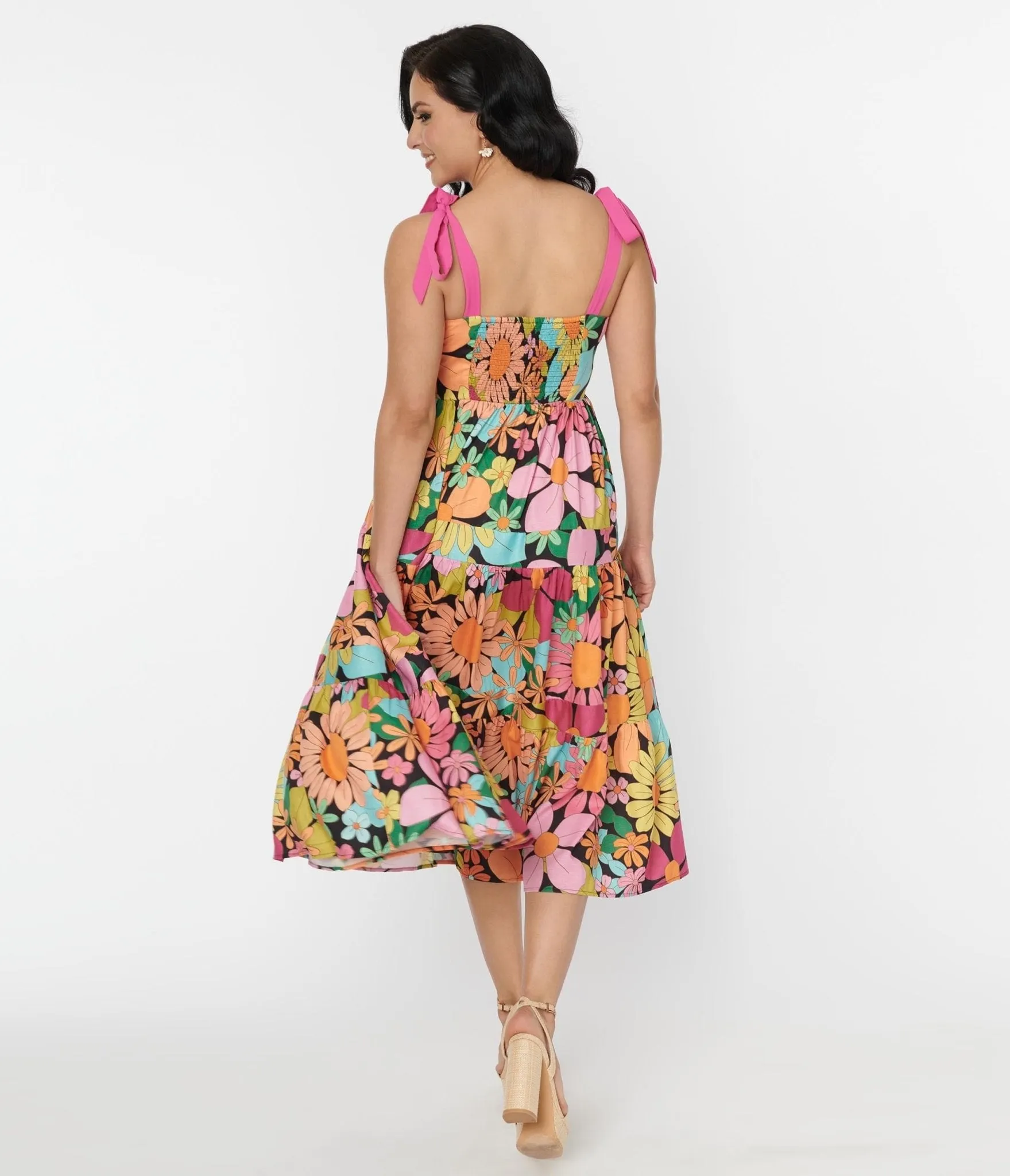 Unique Vintage Pink Floral Tiered Midi Dress sold by Unique Vintage product image thumbnail 3