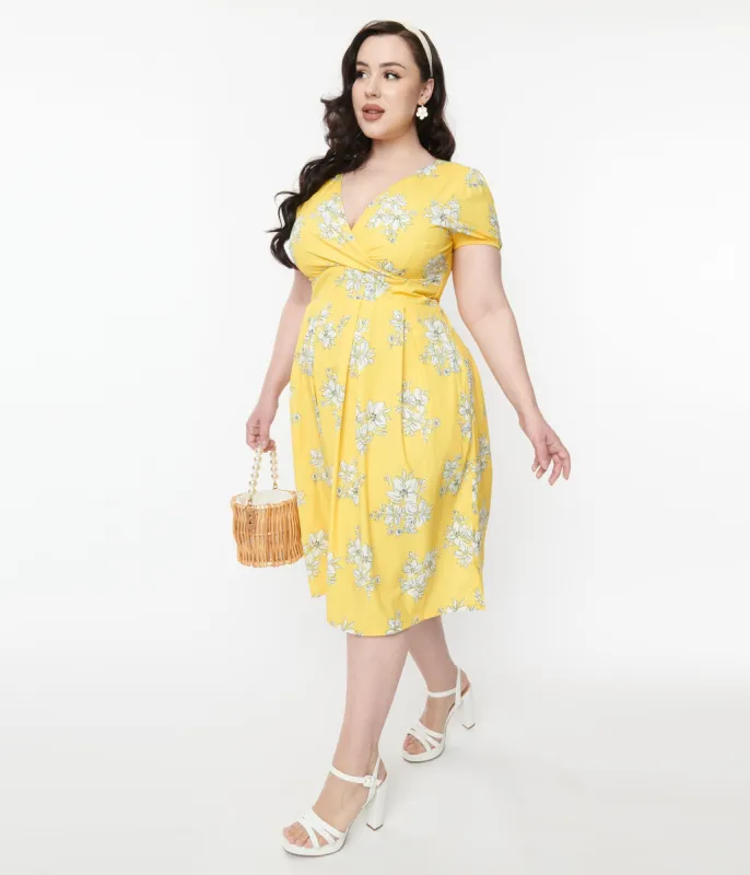 Yellow & White Floral Surplice Swing Dress sold by Unique Vintage