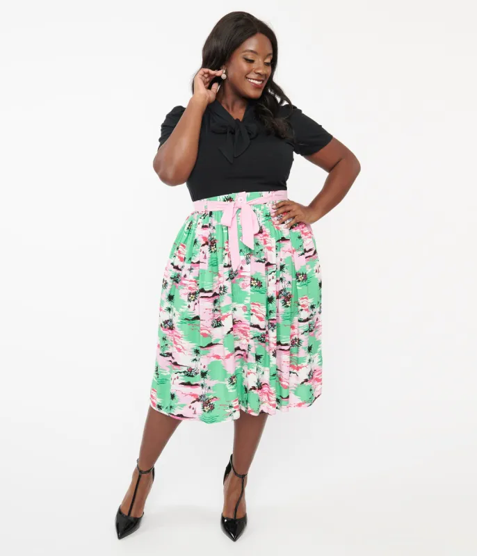 Hell Bunny Plus Size Pink & Green Tropical Print Midi Skirt sold by Unique Vintage