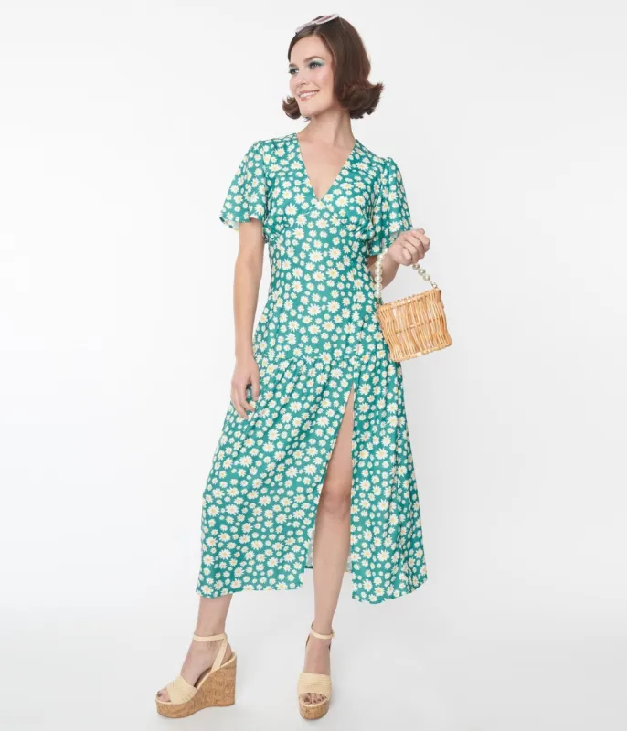 Green & White Daisy Midi Dress sold by Unique Vintage