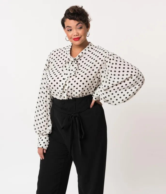 Unique Vintage Plus Size White & Black Polka Dot Neck Tie Gwen Blouse sold by Unique Vintage
