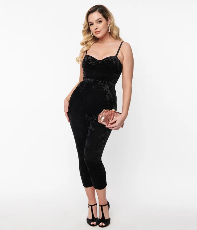 Unique Vintage Black Velvet Cropped Jumpsuit sold by Unique Vintage