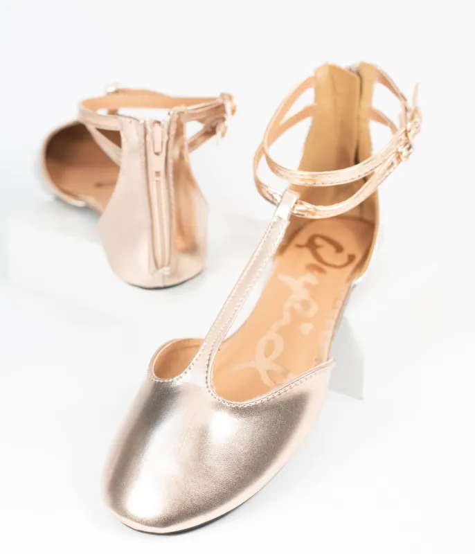 Rose Gold Patent Leatherette Bee T-Strap Flats sold by Unique Vintage