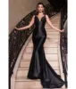 Cinderella Divine  Black Glitter Satin Plunging Mermaid Gown sold by Unique Vintage