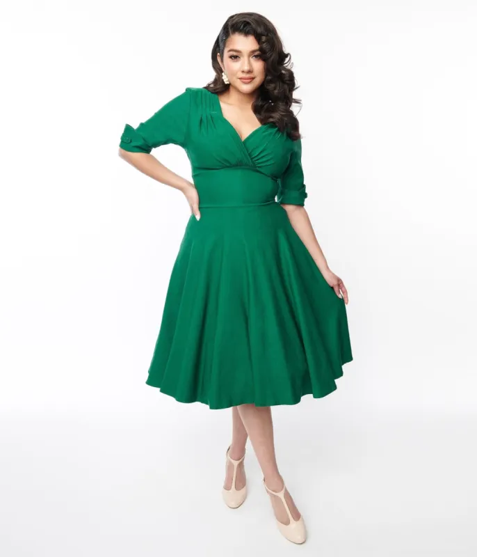 Unique Vintage Emerald Green Delores Swing Dress with Sleeves sold by Unique Vintage