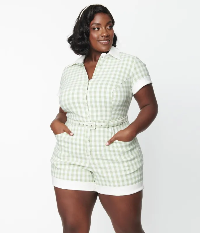 Unique Vintage Plus Size Sage & White Gingham Patsy Romper sold by Unique Vintage