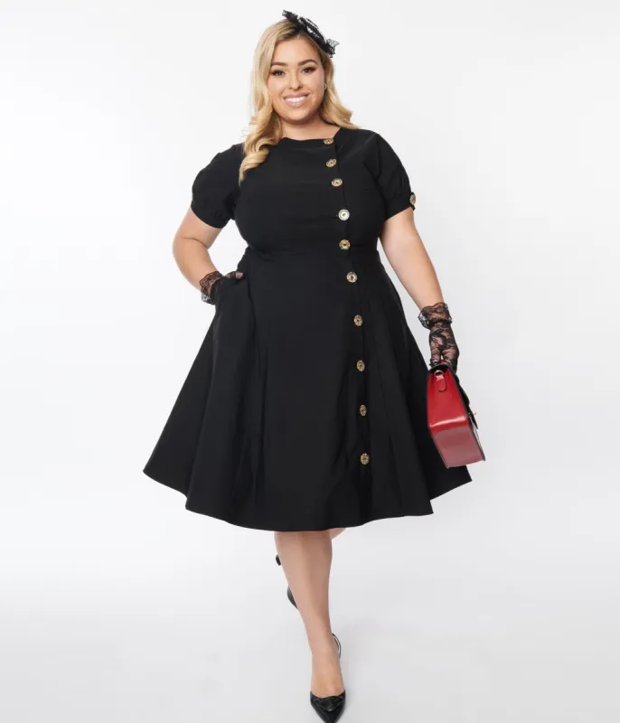 Unique Vintage Plus Size Black Button Swing Dress sold by Unique Vintage