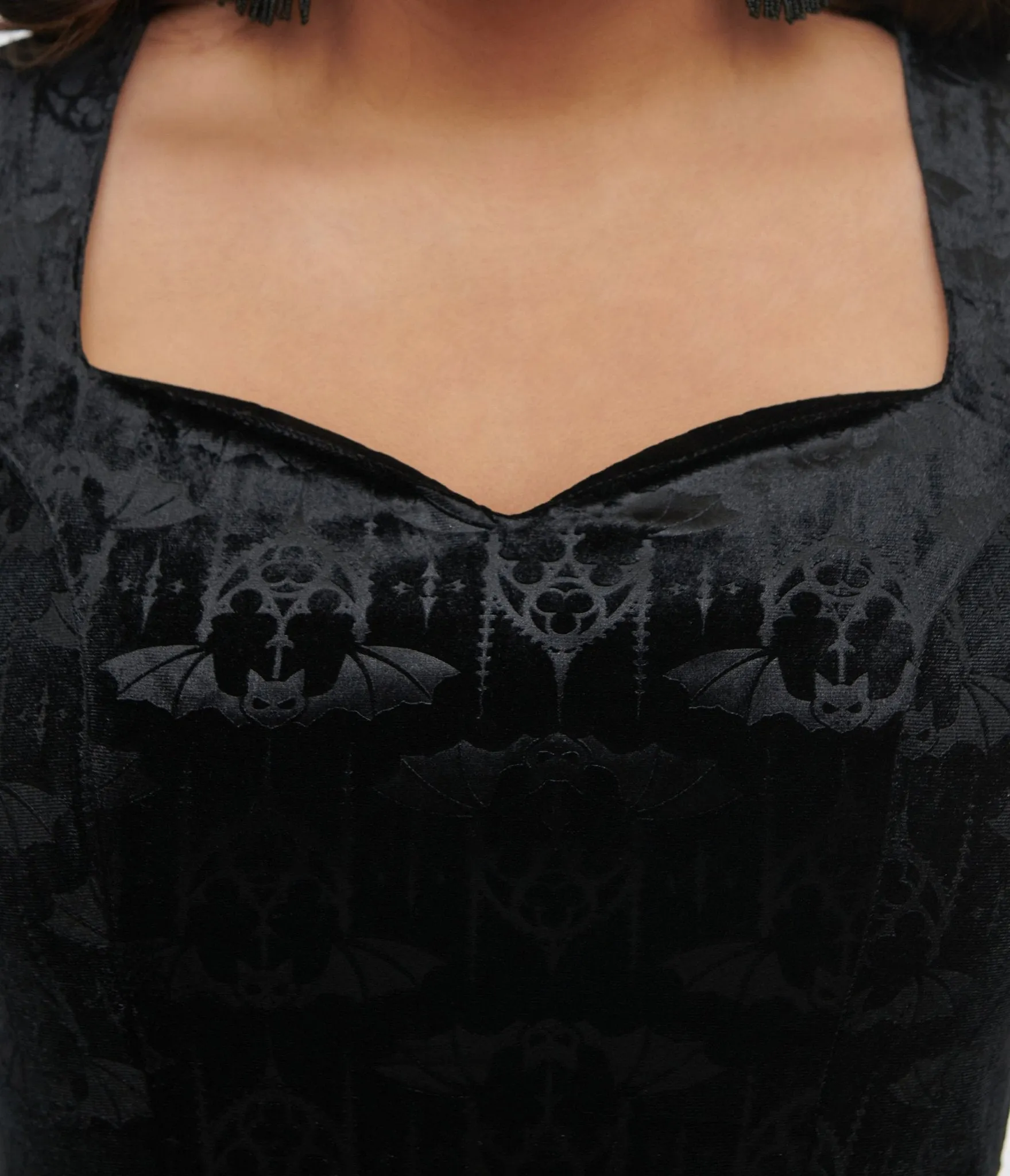 1950s Black Velvet Bat Print Fit & Flare Dress sold by Unique Vintage product image thumbnail 2